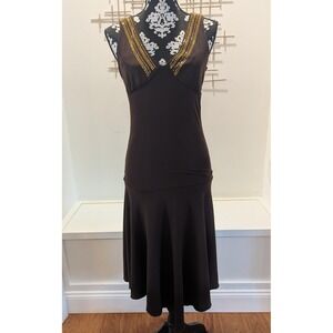 Vtg Y2K Ruby Rox Midi Drop Waist Dress Brown Gold Studded Handkerchief Hem Sz M